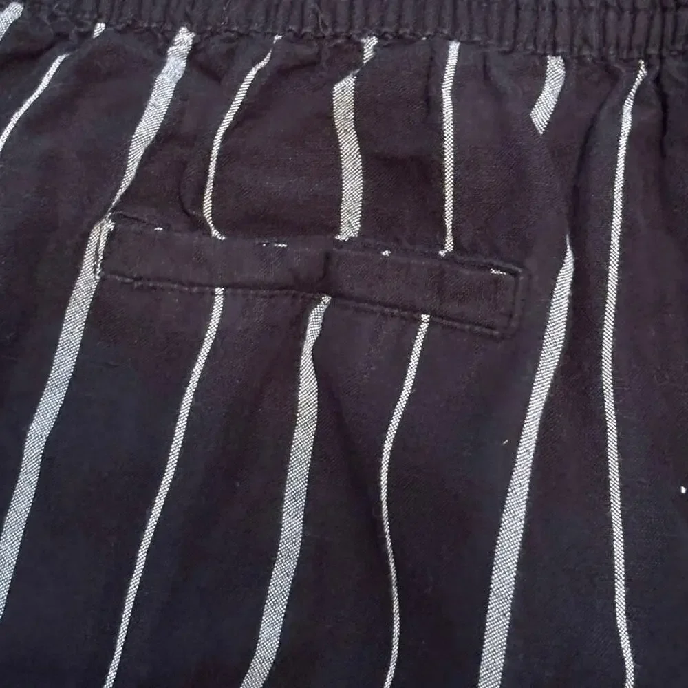 Black White Pinstripe Linen Rayon Wide Leg Cropped Pants XL Casual Coastal Boho - Picture 8 of 9